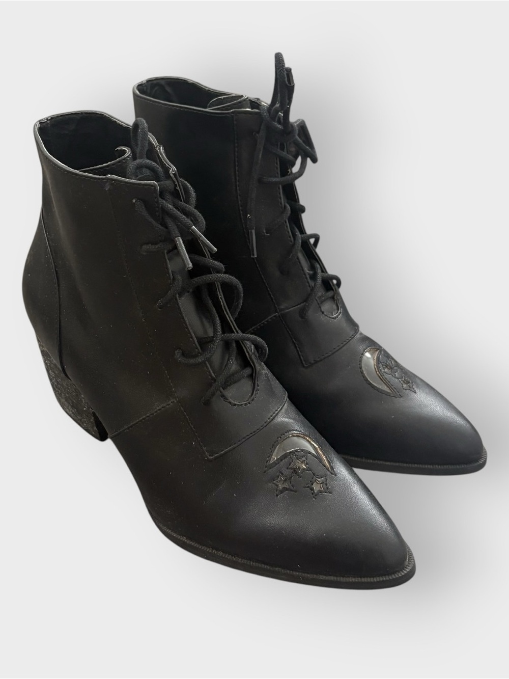 YRU Aura Boots - Crescent Moon Pointed Toe Heeled Boots - Witchy